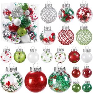 Teeanzo 30Pcs Clear Christmas Tree Ball Ornaments Set, Multi-Size Plastic Balls Red Green White Colorful Variety Shatterproof Ornaments with Hanging Loops for Xmas Tree Decoration Home Holiday Party