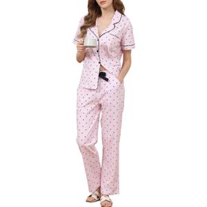 Woitury Cotton PJ Sets for Woman 2 Piece Lounge Set Short Sleeve Shirts and Pants (Pink, XL)