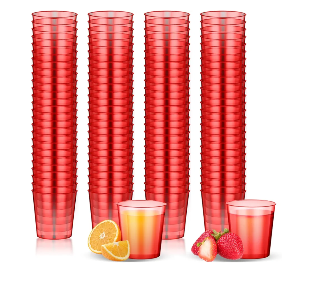 Tioncy 100 Pcs Neon Plastic Shot Glasses 1 oz disposable shot glasses colored Mini Party Drinking Cups for Cocktail Whiskey Wine Birthday Christmas New Year Party(Red)