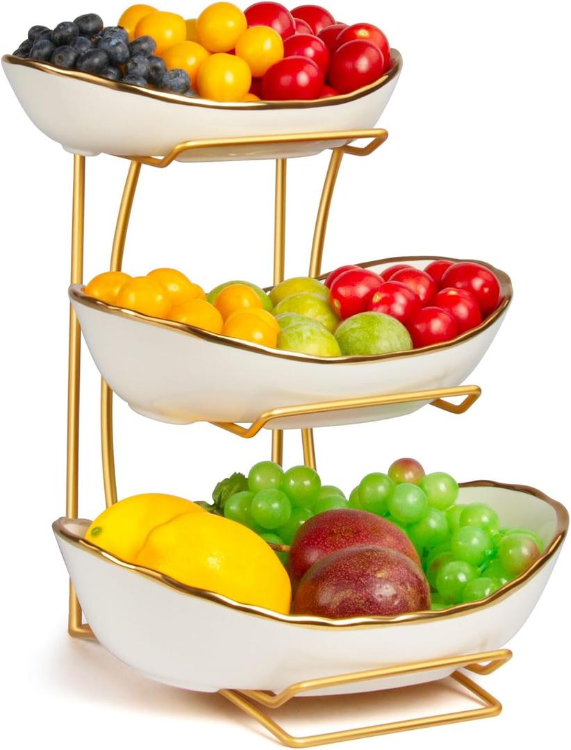 Fruit Bowl for Kitchen Counter, 3 Tier Fruit Basket for Counter, Ceramic Holder, Tiered Stand with Metal Stand, Detachable Rack for Fruit Vegetable Snack Dessert Storage (White)
