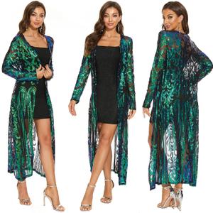 Women's Sequin Cardigan Summer Cover Up Dress Glitter Sparkle Open Front Coat Dresses Duster for Evening Prom (5X-Large, Green)