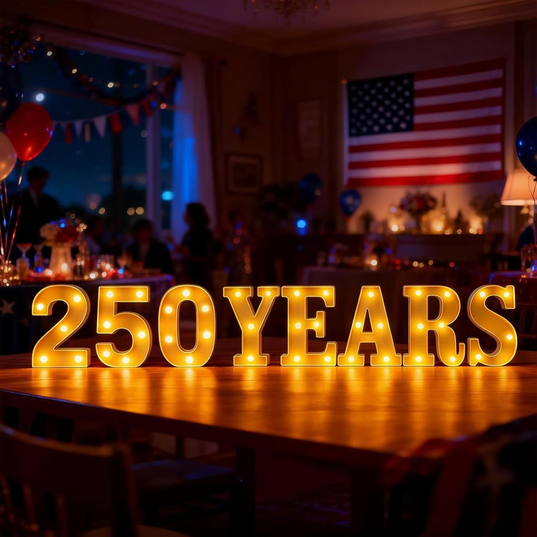 Anniversary 250th Decorations, 250 Years LED Sign Lights Battery Powered, America 4th of July 250 Light Up Home Table Decor Hanging Decorations Indoor Outdoor