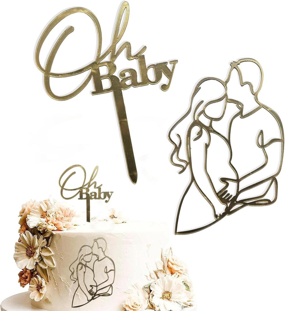 2 Pcs Pregnant Lady Baby Cake Topper, Pregnant Mother Silhouette Cake Decor Set, Pregnancy Announcement or Welcome Baby Party Supplies (Style 6)