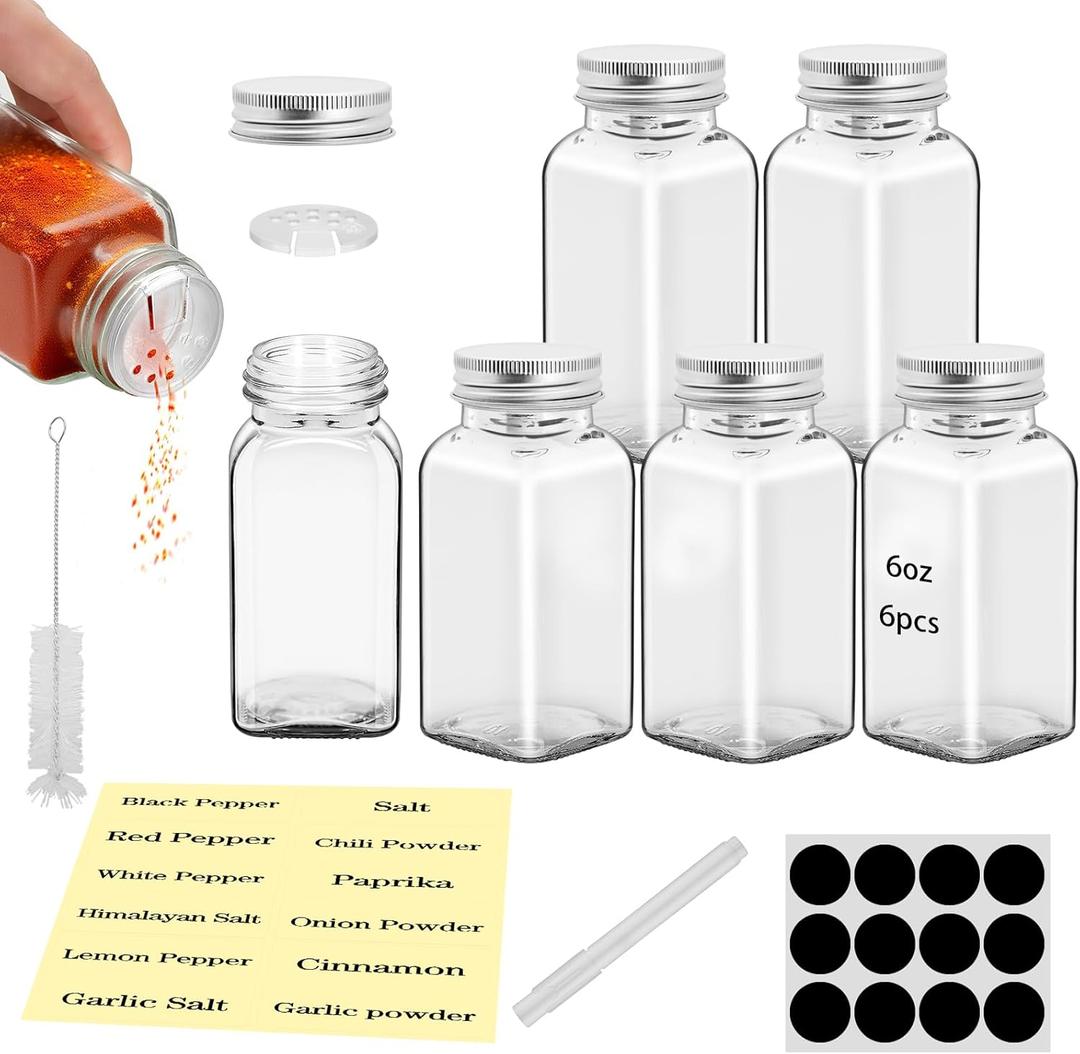 2Pcs 6oz Glass Spice Jars with Shaker Lids, Spice Jars Trial Set & Supplement Set, Empty Spice Containers and Square Spice Bottles for Kitchen (2)