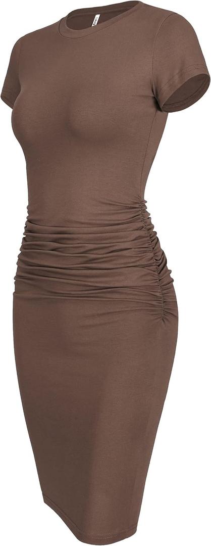 Laughido Women's Short Sleeve Ruched Bodycon Sundress Knee Length T Shirt Dresses 2025 Trendy Casual Outfits (Coffee, XS)