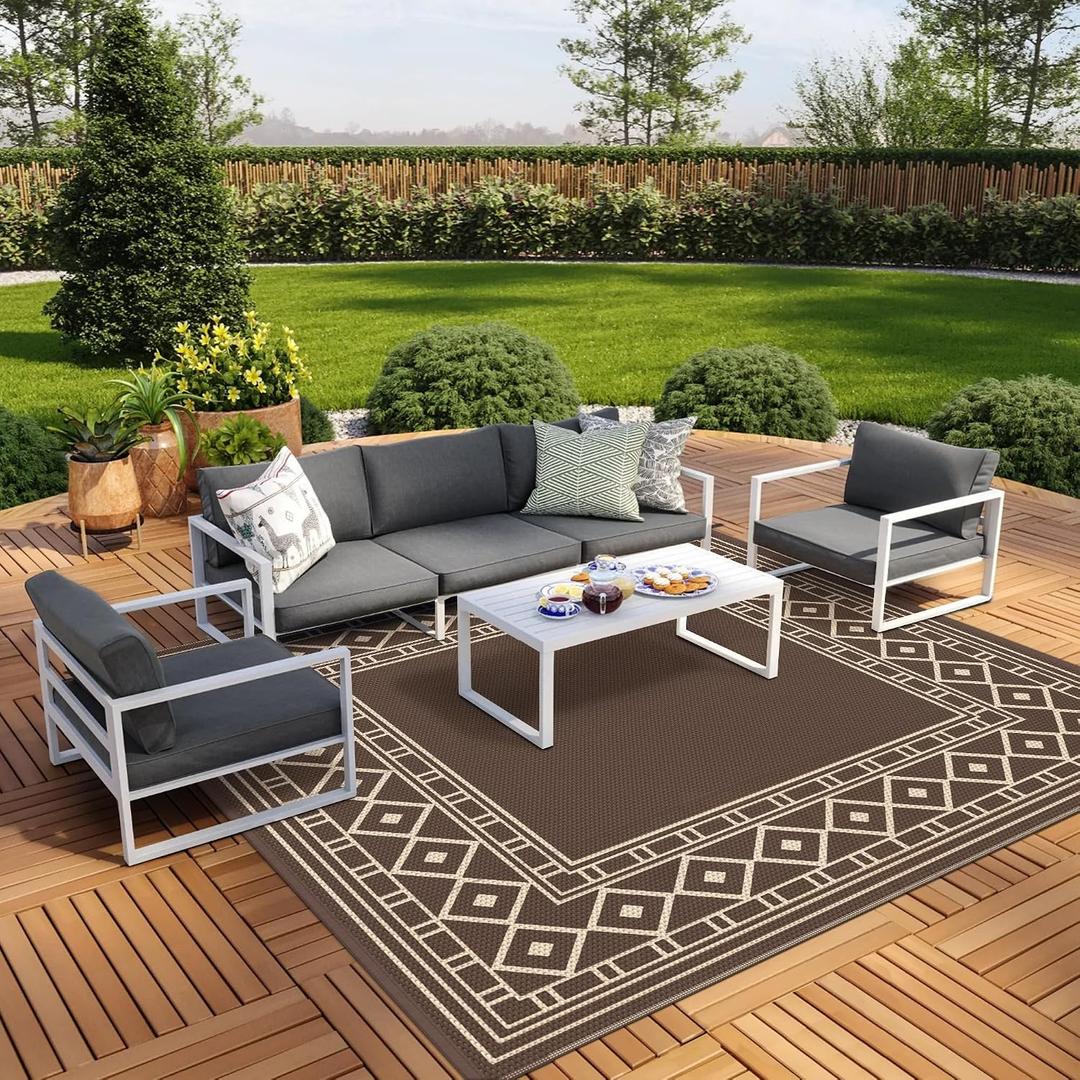 GENIMO Outdoor Rug Waterproof for Patio Decor, 10'x10' Foldable Reversible Plastic Straw Carpet, Outside Area Mat for Rv, Deck, Picnic, Porch, Camper, Balcony, Beach, Coffee & Beige