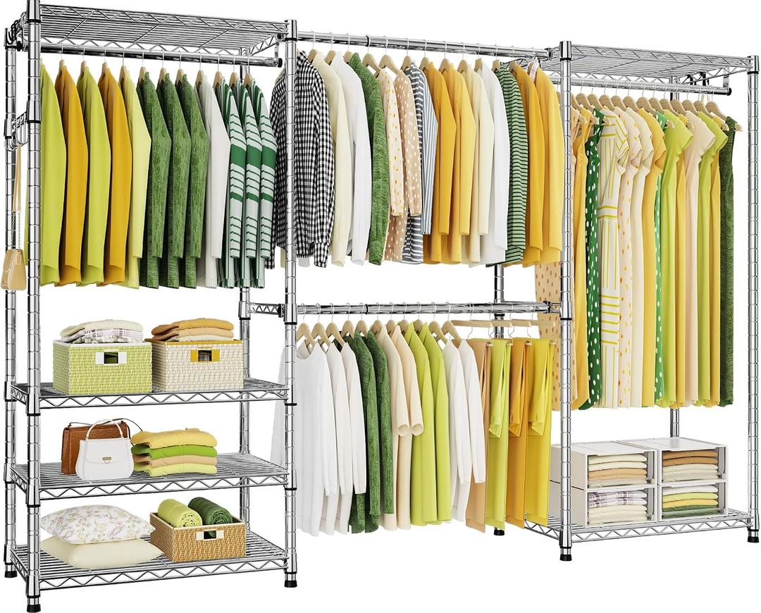 Ulif E1 Heavy Duty Closet Garment Rack, 6 Tiers Adjustable Metal Freestanding Expandable Clothing Storage with 4 Hanger Rods, Easy to Assemble Wardrobe, 71.4" H x (70" - 88.2") L x 14" D, Chrome