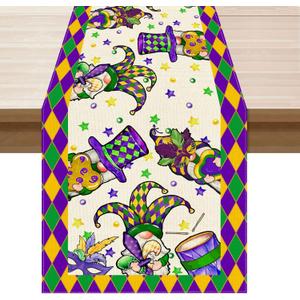 2 x XCHI Hats Gnomes Masks Fleur De Lis Mardi Gras Table Runner Carnival Table Decoration for Masquerade Party Home Kitchen Dining Holiday Decor 13x72 Inch