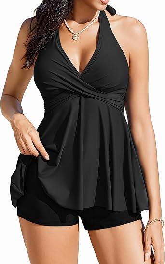 AI'MAGE Women's Tankini Swimsuit Two Piece 2025 Halter V Neck Bathing Suit with Shorts Tummy Control Modest Swimwear, M, Black