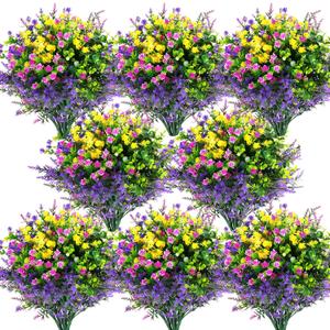 Hananona 24 Pcs Artificial Flowers Outdoor, Faux Artificial Plants UV Resistant Plastic Flower Bulk for Hanging Planter Porch Window Home Wedding Summer Decor (24, Fuchsia, Purple, Yellow, Green)