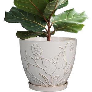 10 Inch Plant Pot Ceramic Planter Pot with Drainage Hole and Saucer Round Planter Large Flower Pot for Indoor Outdoor Plants Home Garden Decor White