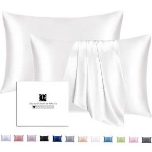Ravmix Silk Pillow Cases 2 Pack with Zipper, 21momme Mulberry Silk Pillowcase for Hair Skin, Soft Smooth Breathable Cool Pillow Cover for Beauty Sleep with Gift Box(Queen 20"x30", Ivory White)