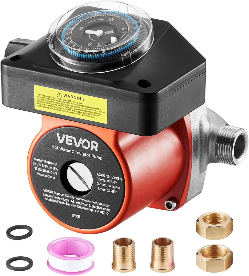 VEVOR Hot Water Recirculating Pump, with Timer, 10 GPM Instant Recirculation Pump Kit, Circulation Circulator System, 0.13 HP AC 110-120V, NPT 3/4 in to NPT 1/2 in Connector, for Solar Water Heater