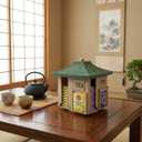 Rotating Japanese Tea Bag Organizer Dispenser - Pagoda Design, 360 Lazy Susan Base, Beige Body with Jungle Green Roof, Zen Matcha/Sencha/Tea Bag Storage Carousel for Kitchen Counter