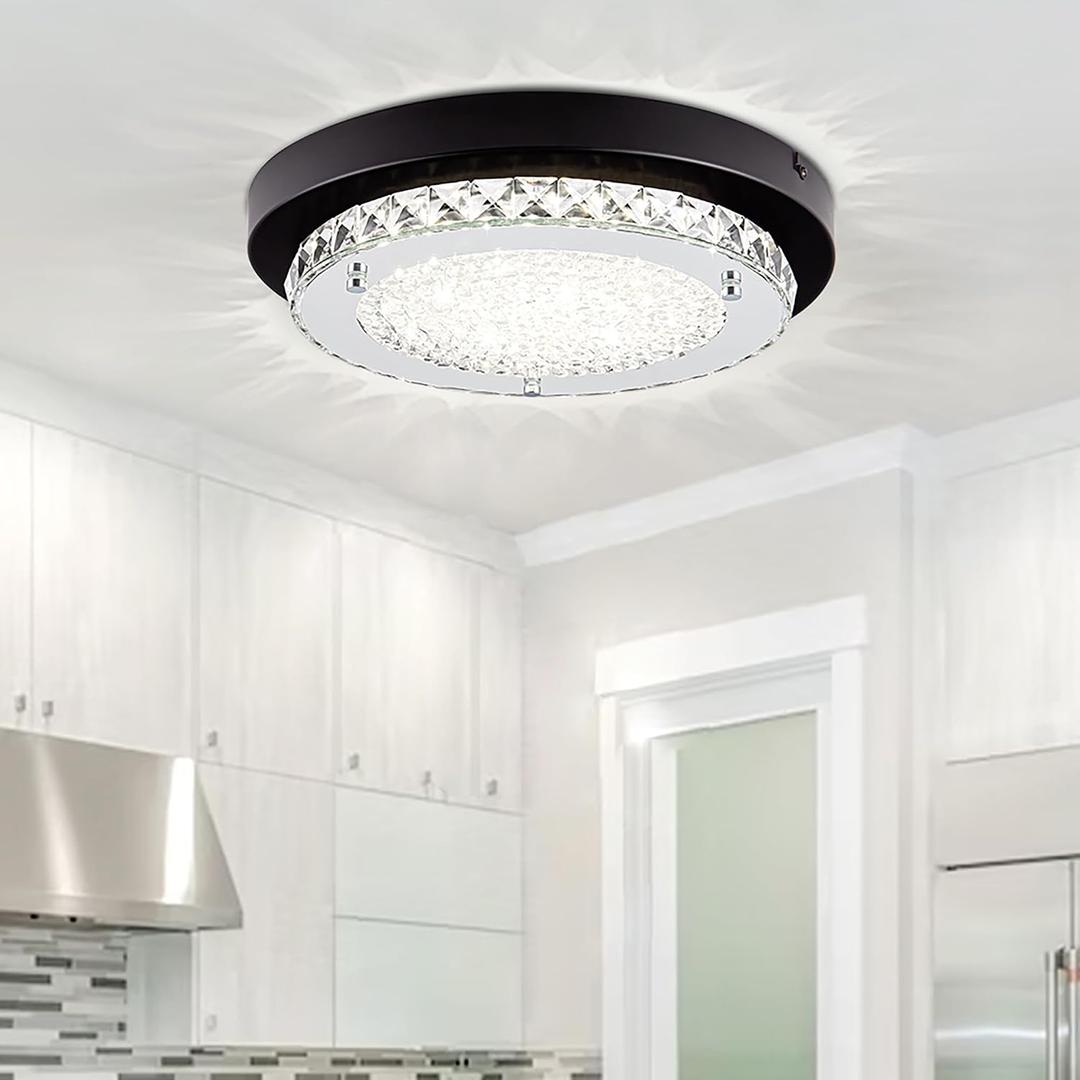 Flush Mount Ceiling Light Crystal LED Dimmable Closet Light Fixture 13 Inch Black Modern Bathroom Ceiling Light Small Round Hallway Lighting for Laundry Foyer Kitchen 4000K, Round-13.1 inches