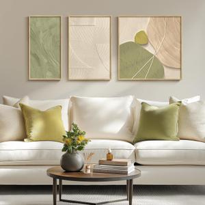 Framed Abstract Sage Green Boho Wall Art for Living Room, Set of 3 Piece Canvas Artwork, Large Modern Line Painting Prints for Dining Room Bedroom Hallway Office Wall Decor - Total 24" x 52" (Sage Green Abstract Texture)