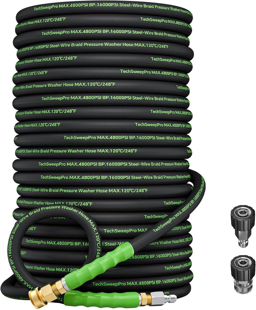 3/8" 4800PSI Pressure washer hose 100ft for cold and hot water Max 248F with 3/8"quick connect Kink resistant Steel Wire Braided Power Washer Hose with M22 14mm Adapter,Green
