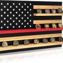 Large American Flag Challenge Coin Wall Display Holder, Solid Wood 3 Rows Thin Red Line Firefighter Coin Display Rack Stand, Holds 30 Coins, Ideal for First Responders Military Veterans