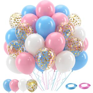 Patimate Gender Reveal Pink and Blue Balloons Set, 50 pcs 12 inch Pastel Blue Pink White Confetti Latex Balloons Kit for Gender Reveal Baby Shower Birthday Party Decorations