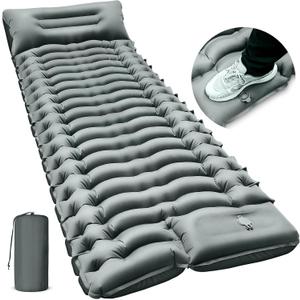 FUN PAC Camping Sleeping Pad, Ultralight Camping Mat with Pillow Built-in Foot Pump Inflatable Sleeping Pads Compact for Camping Backpacking Hiking Traveling - Gray
