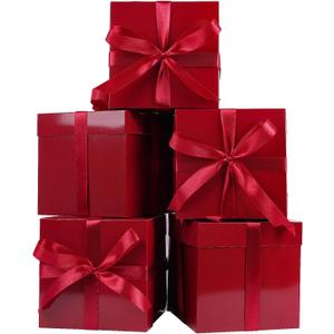 Jaywayang 5 Pack Red Gift Boxes with Lids, Ribbons and Tissue Papers Square Gift Boxes - 7.1 Inch - Christmas Presents Wrapping, Valentine's Day Decoration Party Favor Boxes.