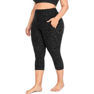 MOREFEEL Capri Plus Size Leggings for Women with Pockets-Stretchy XL-4XL Tummy Control High Waist Workout Black Yoga Pants (3X-Large Plus, 11 Leopard Print)