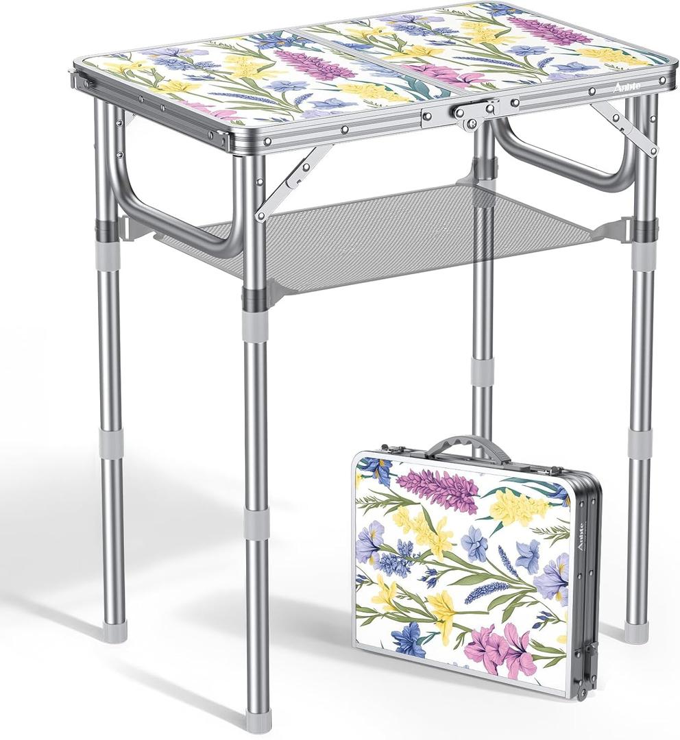 Anbte 2ft Folding Camping Table, 3 Adjustable Height Max 27.5" Small Folding Table with Storage Net Lightweight & Portable with Carry Handle, for Outdoor Indoor Camping Beach BBQ RV, Blooming Floral (Spring Blossom)