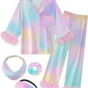 EPLAZA Kids Satin Pajamas for Girls Silk Pajamas Set 2-Piece Feather Long Sleeve Button Down PJs Set Sleepwear with Eye Mask (6-7 Years, Tie-dye Rainbow)