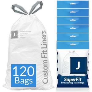 Reli. SuperFit Code J (120 Count) | Compatible with Simplehuman Code J | Dispenser Pack Custom Fit Liners | Drawstring Trash Bags | 30-45 Liter / 8-12 Gallon | White