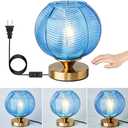 Mid-Century Modern Glass Table Lamp 3 Brightness Levels Dimmable Touch Control Desk Lights with Plug in Cord On/Off Switch, Globe Decor Nightstand Lamps for Bedroom Living Room Office (Blue)