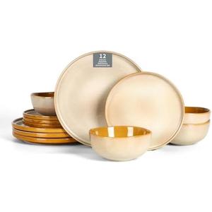Vicrays Ceramic 12 Pieces Dinnerware Set - Dinner Plates Salad Plates Cereal Bowls Set Service for 4 - Scratch Resistant Microwave Oven Dishwasher Safe - Beige