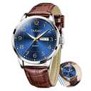 Taxau Brown Leather Mens Watches Blue Face Easy Read Watch for Men Casual Big Dial Analog Quartz Formal Men's Dress Watches Arabic Numeral Day Date Water Resistant Luminous Mens Business Watch