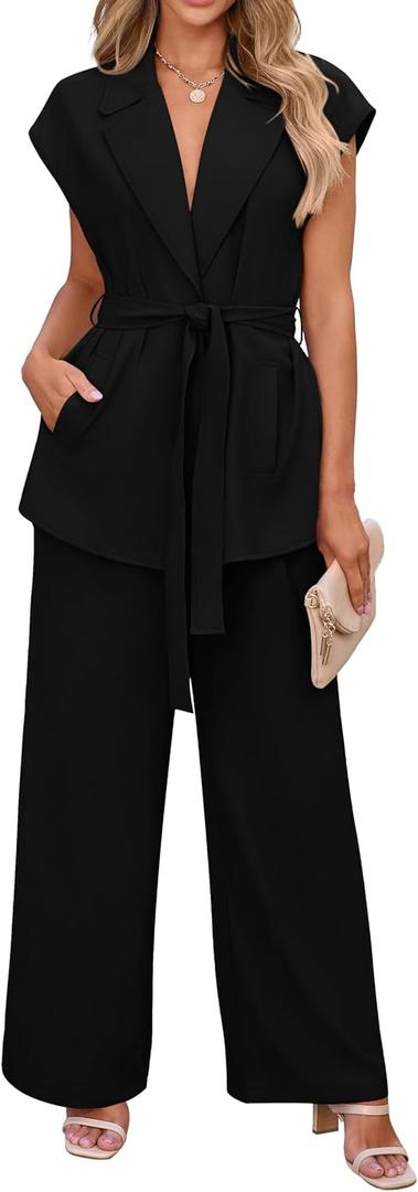 PRETTYGARDEN Women's Summer 2 Piece Outfits 2026 Cap Sleeve V Neck Blazer Vest Wide Leg Pant Sets Office Work Clothes (Black, L)