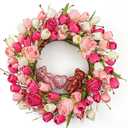J'FLORU Valentine's Day Decorations Romantic Valentine's Day Gifts 22 Inch Valentine's Day Wreath with Lovely Bear Heart Roses Tulips for Valentine Party Anniversary Candlelight Dinner