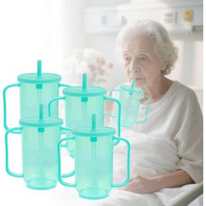 4 Pcs Adult Sippy Cups for Elderly, 12 oz Plastic Spill Proof CupSippy Cups for Adults Elderly Drinking Cups, with 2 Handles Straw and Lid for Adults Hospital Disabled Dysphagia Patients