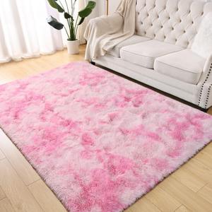 Terrug Tie-Dyed Pink Fluffy Area Rug for Bedroom, 3x5 Ft Shag Throw Rugs, Soft Machine Washable Plush Carpet with Non Slip Backing for Girls Kids Room Bedside Floor Decoration (3' x 5' (Rectangular))