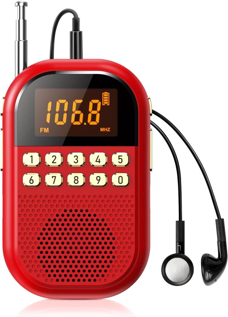 Pocket AM FM Radio:1100mAh Rechargeable Radio Supports Bluettoth, Mini FM AM Receiver with Large Speaker, Stereo Earphone, Sleep Timer, Easy to use for Jogging, Walking Red