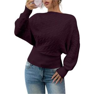 Verdusa Women's Cable Knit Sweaters Cinched Waist Tops Pullover Sweater Elegant Spring Fall Clothes (Wine), Smal