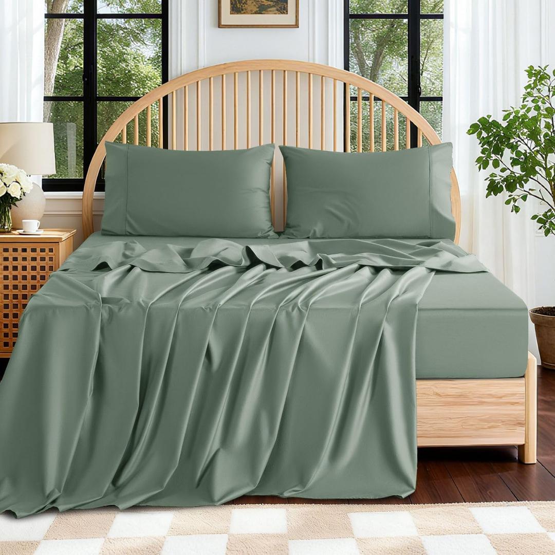 SONORO KATE 100% Egyptian Cotton Sheets Queen Size - 600 Thread Count, Luxury Hotel Sateen Weave Bedding Set, Soft Breathable Sheet Sets, 16" Deep Pocket - 4 PC(Sea Glass,Queen)