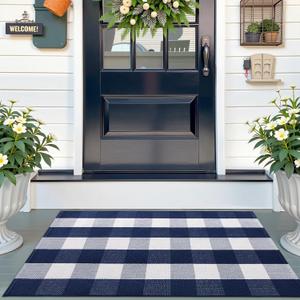 OLANLY Buffalo Plaid Rug 2'4" x 3'7" (27.5" x 43")  Navy and White Cotton Checkered Doormat, Washable Indoor Outdoor Rug for Layered Front Porch, Kitchen, Entryway Decor
