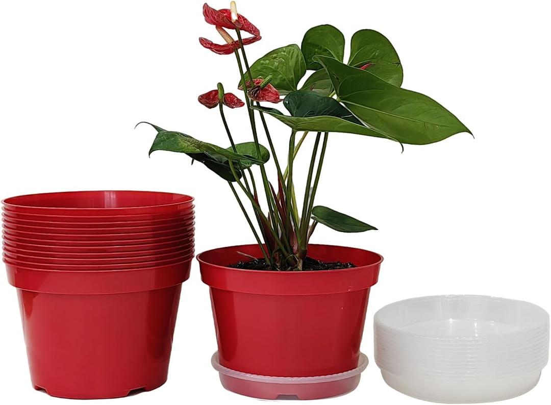 RooTrimmer 8 inch Plastic Flower Pots, Red Plant Pots 12Pack with Saucers for Indoor House Plants Growing and Decoration