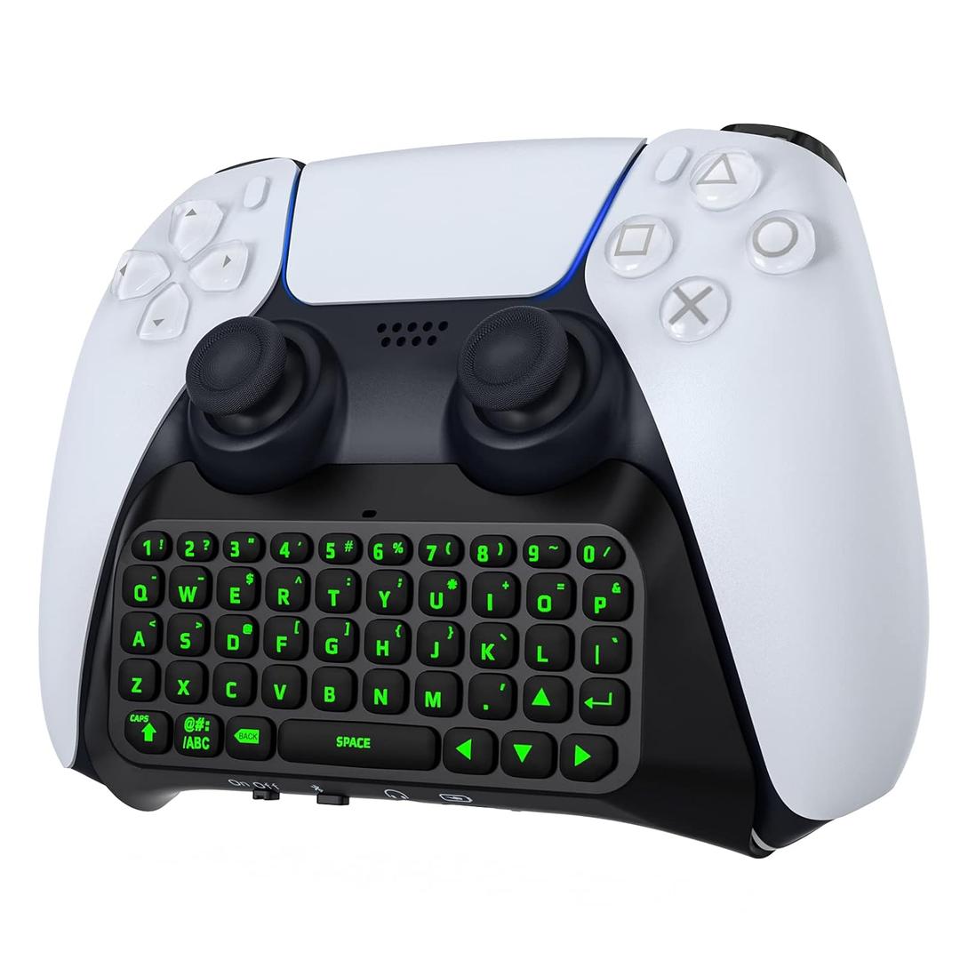 MoKo Keyboard for PS5 Controller with Green Backlight, Bluetooth Wireless Mini Keypad Chatpad for PlayStation 5, Built-in Speaker & 3.5mm Audio Jack for PS5 Controller Accessories (Black)