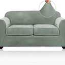 PrinceDeco Velvet Couch Cover Loveseat Covers for 2 Cushion Couch 3 Piece Sofa Covers for Dogs Washable Loveseat Covers Width Up to 72 Inch No Slip Stretch Sofa Slipcover(Medium, Seagrass)