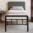 18 Inch Twin Bed Frame with Upholstered Headboard and Footboard, Heavy Duty Metal Slats, with Under Bed Storage, No Noise, No Box Spring Needed, Easy Assembly, Black