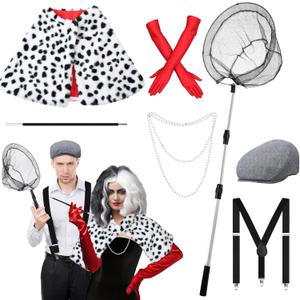 7 Pcs Halloween Dalmatian Costume and Catcher Accessories Shawl Red Gloves Pearl Necklace Hat Holder Suspender Fishing Net for Halloween Adults Couple Cosplay Party