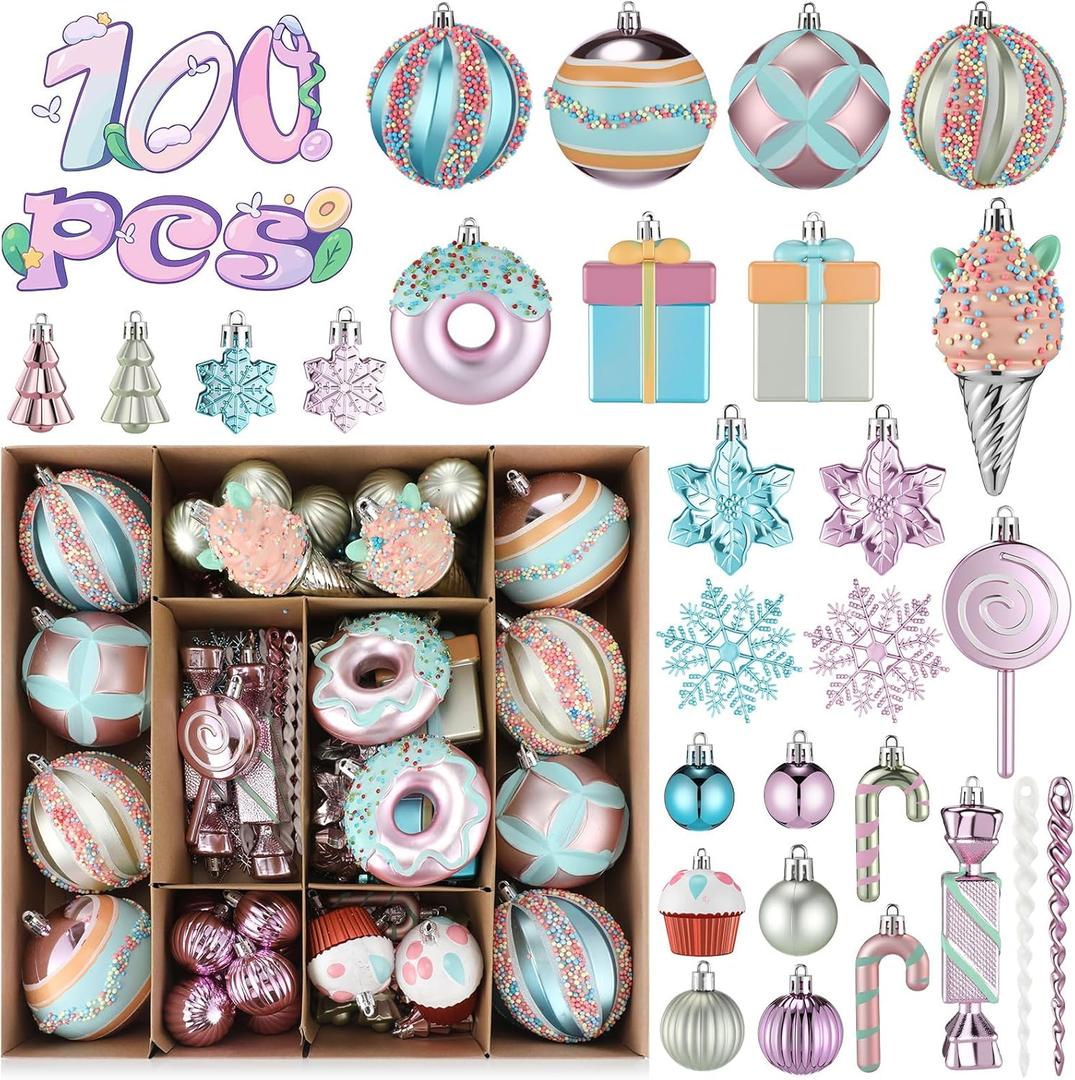 Soulchen 100 Pcs Pastel Christmas Tree Candy Ornaments Set, Macaron Shatterproof Pendants Christmas Ornaments Hanging Decor with Candy Cake Lollipop Donut Gift Package for Xmas Holiday Indoor Decor