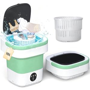 Portable Washing Machine - 16L Mini Foldable Washer with Spin Basket, 3 Cleaning Modes & Deep Cleaning for Small Clothes, Collapsible Laundry for Apartment, Home, Hotel and Travel (Green)