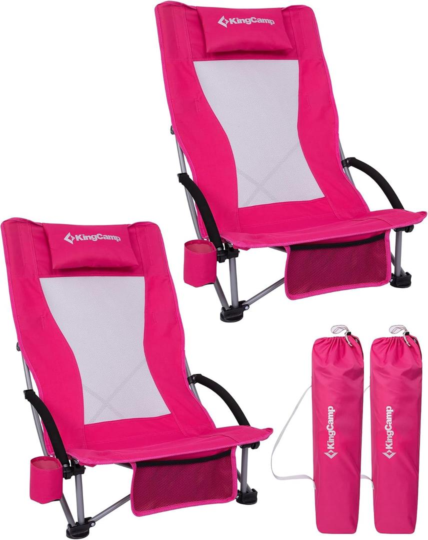 KingCamp Low Beach Chair, High Back Folding Camping Chair for Adults, Oversized Breathable Mesh Seat, 300lbs Heavy Duty Portable Chair with Cup Holder & Storage Pockets for Beach, Outdoor