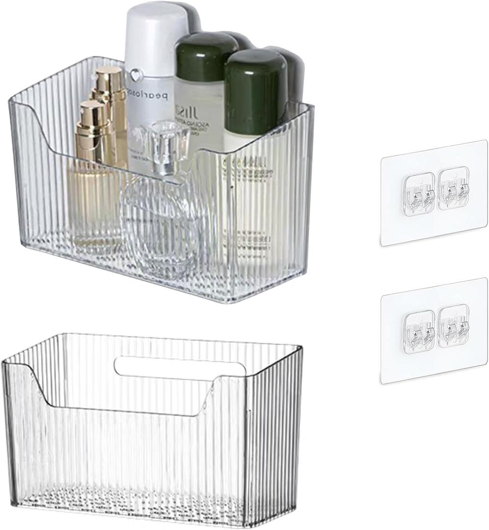 Acrylic Wall Mounted Storage Racks,2Pcs Storage Box Shower Basket, Transparent Plastic Makeup Box Stackable Storage Basket for Kitchen Bathroom Cabinet Pantry and Office, with 2 Back Stickers (Large)
