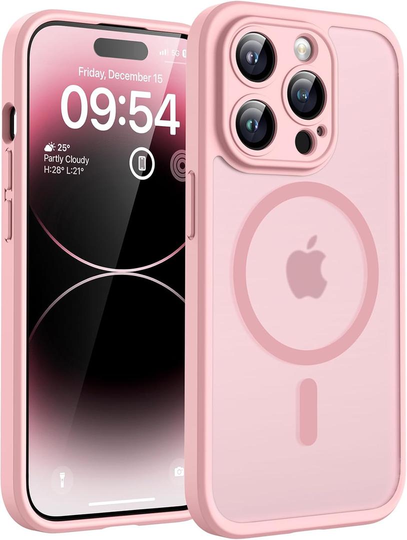 TOCOL Magnetic for iPhone 14 Pro Case, Upgraded Full Camera Protection, Compatible with Magsafe, Drop Protection, Translucent Matte Back Bumper Phone Cover 6.1-Inch (Light Pink)